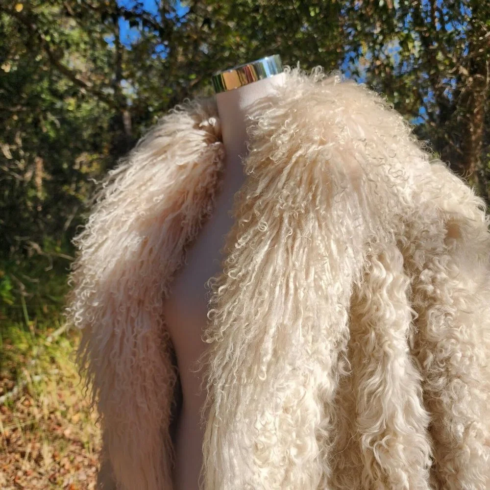 Vintage Genuine Shearling Mongolian Lamb Fur Shag Curly Ivory Long Coat 70's - Picture 5 of 16